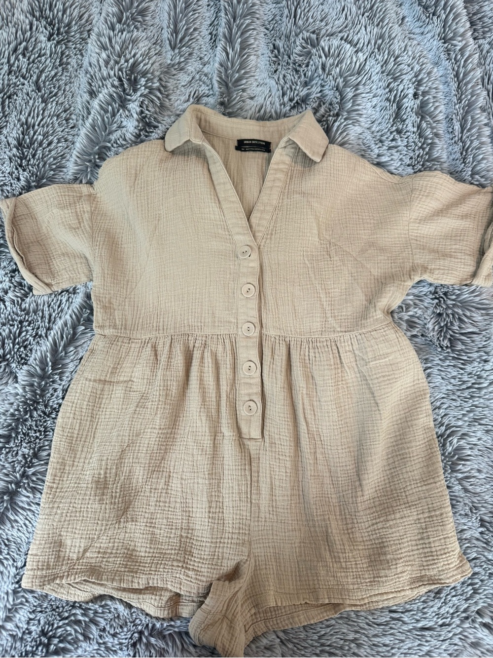 Urban Outfitters Beige Button-Front Gauze Textured Romper